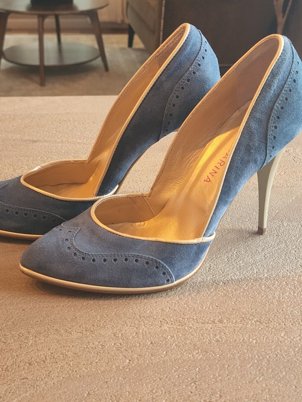 San Marina Italy Blue Suede D’Orsay Pointed Toe Heels Size 40 EU